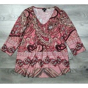 Links 3/4 Sleeve V-Neck Boho Paisley Pleated Tunic Shirt Womens Small Pink
